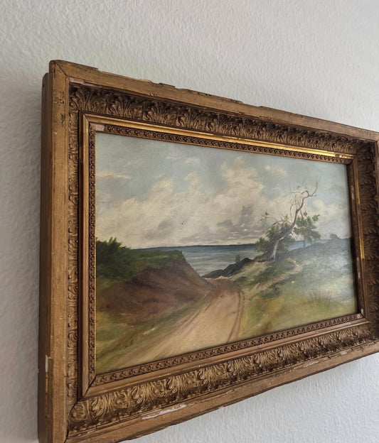 Beautiful Beach Scape Oil Painting on Board in Antique Gold Frame