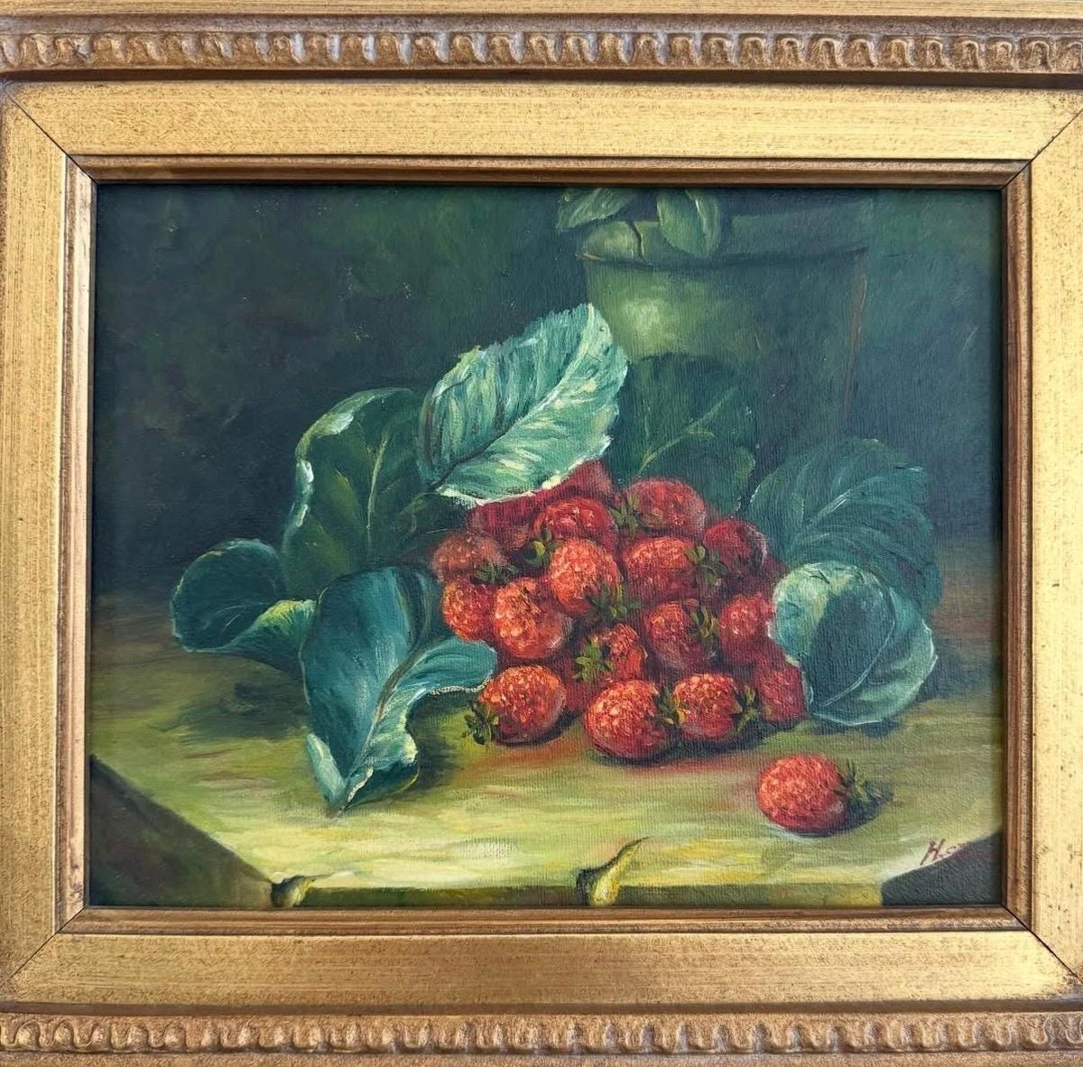 Signed Strawberry Oil Painting in Ornate Gilt Frame – Kitchen Wall Art
