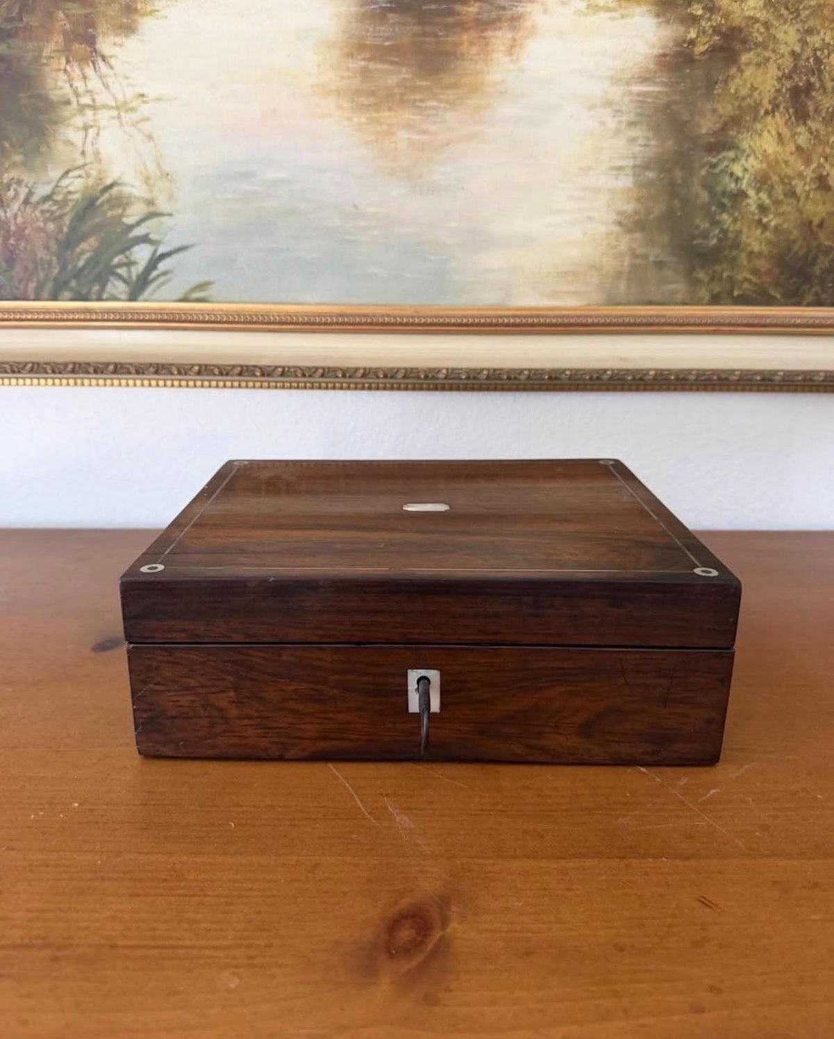 Antique Rosewood Traveling Writing Lap Desk // mother of pearl inlay box // antique MOP box with key