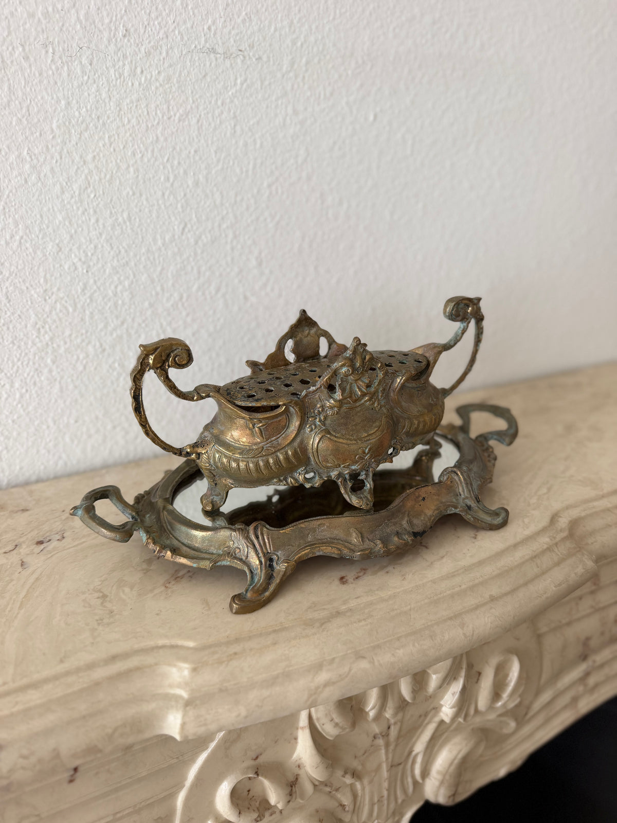 Antique Jardinière, Plateau, Flower Frog Set