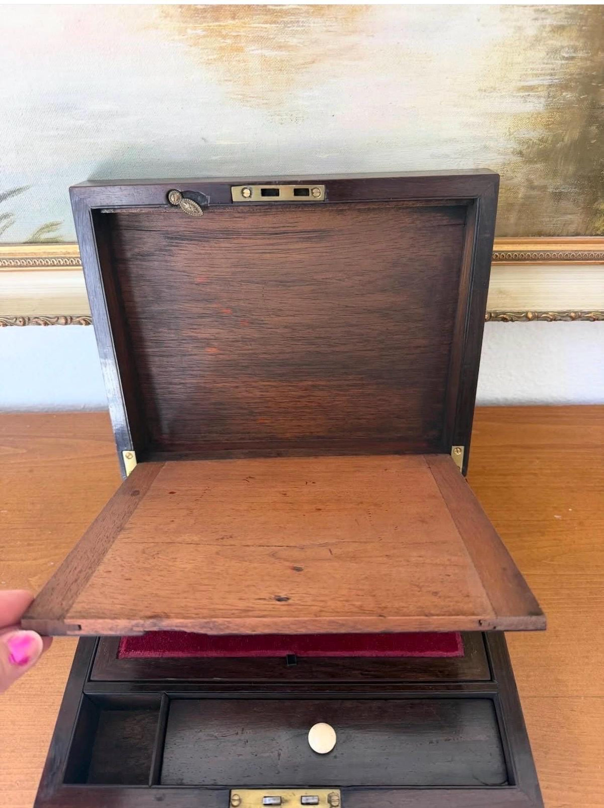 Antique Rosewood Traveling Writing Lap Desk // mother of pearl inlay box // antique MOP box with key