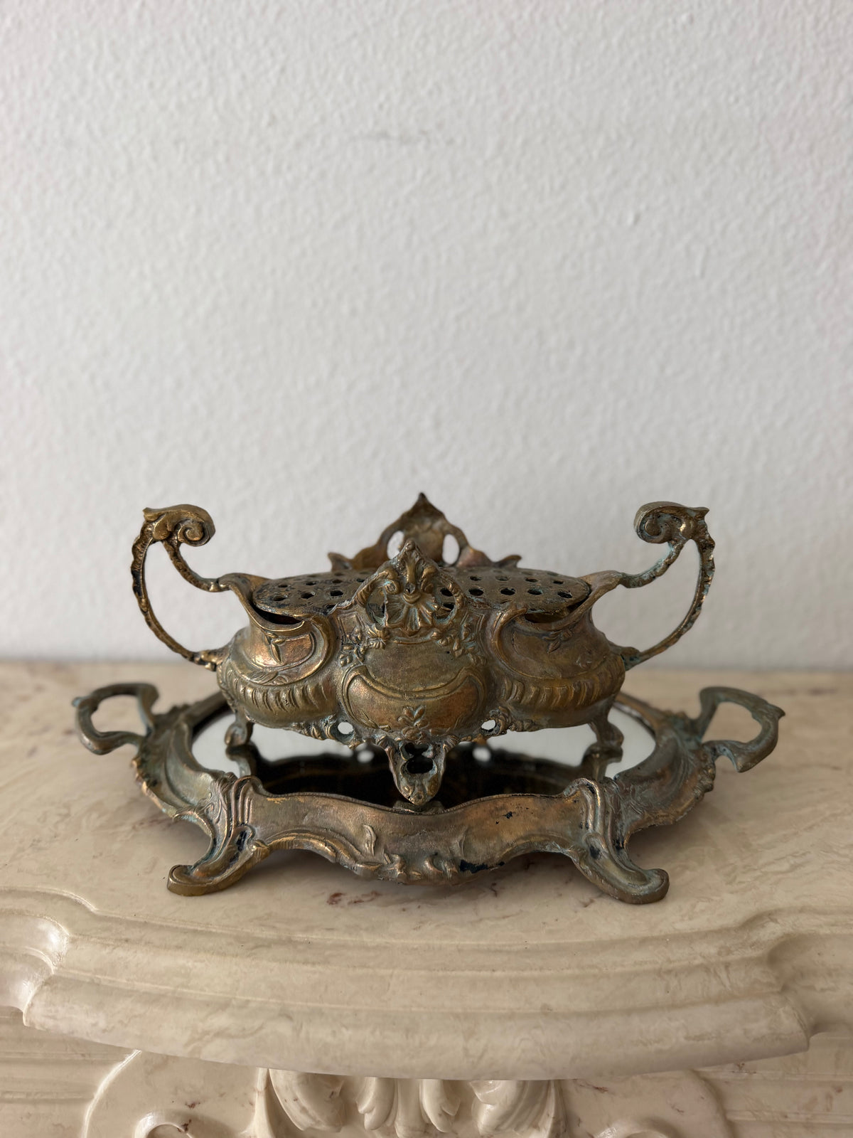 Antique Jardinière, Plateau, Flower Frog Set