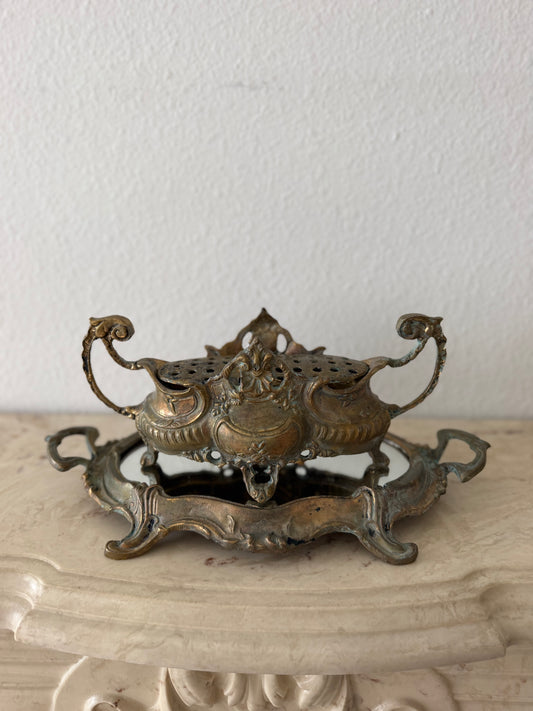 Antique Jardinière, Plateau, Flower Frog Set