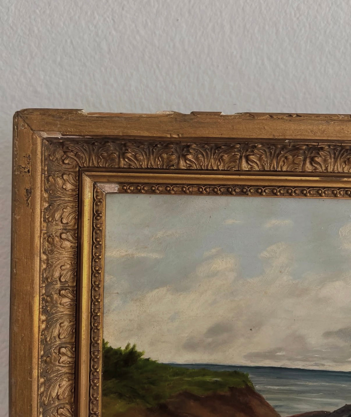 Beautiful Beach Scape Oil Painting on Board in Antique Gold Frame
