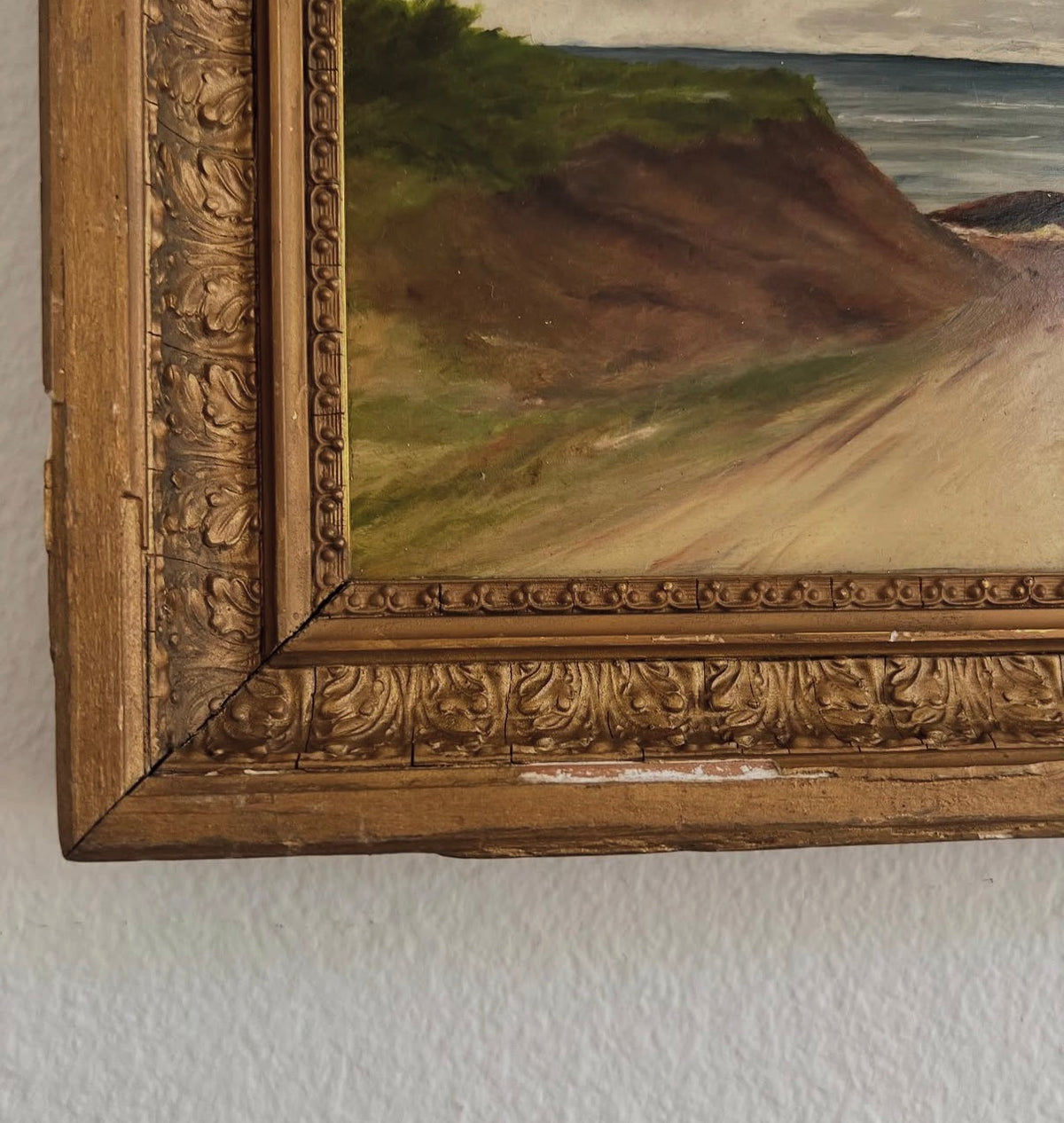Beautiful Beach Scape Oil Painting on Board in Antique Gold Frame