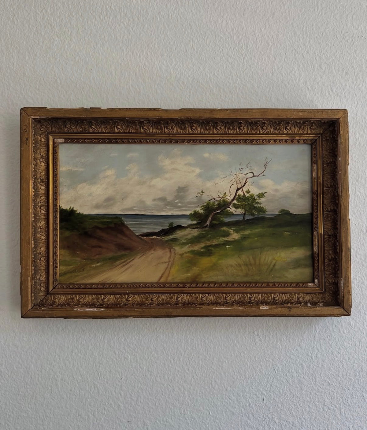 Beautiful Beach Scape Oil Painting on Board in Antique Gold Frame