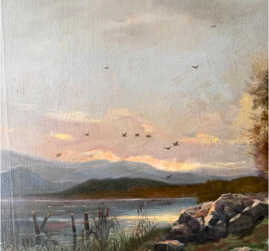Beautiful oil landscape painting on board depicting a serene lakeside scene at sunset
