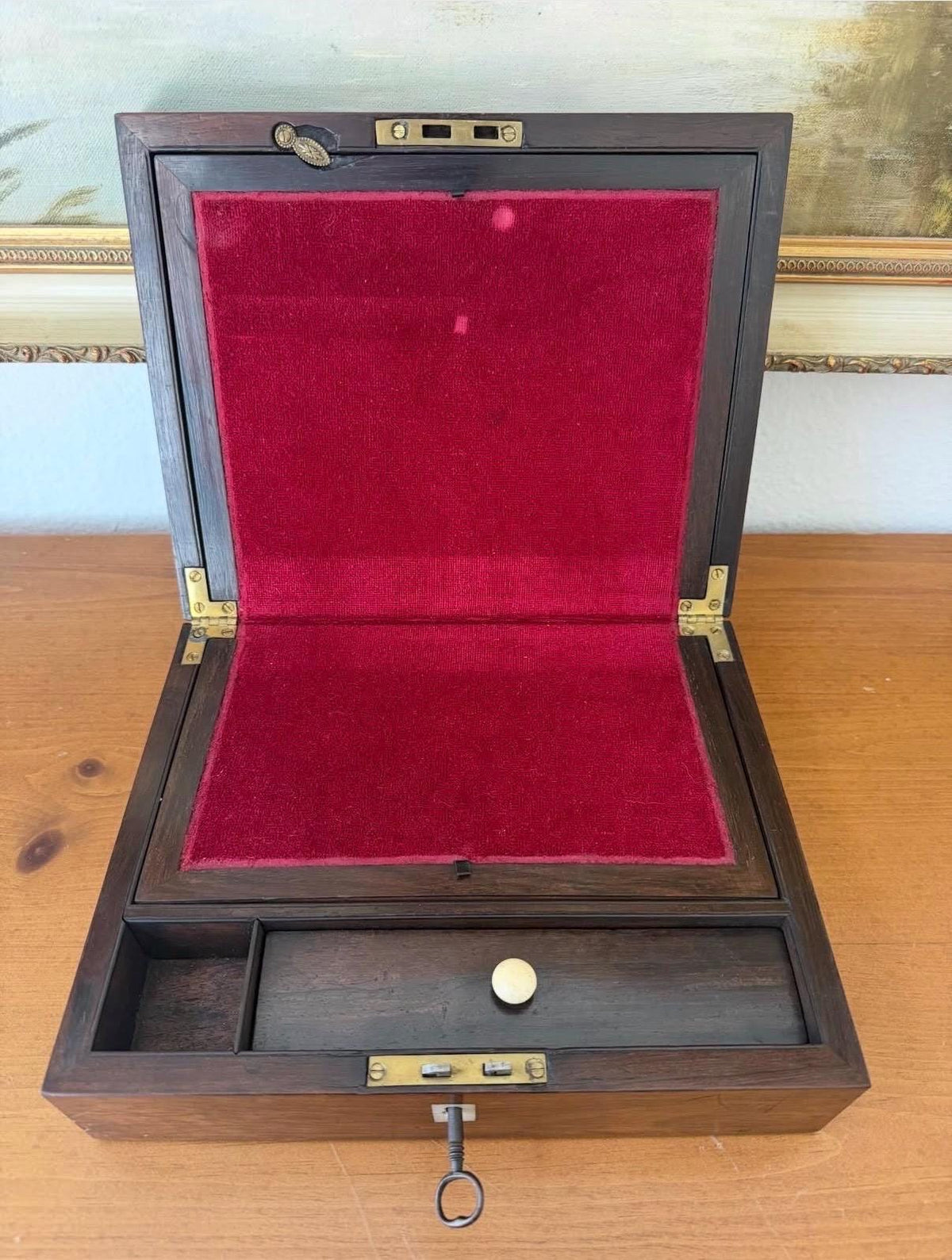 Antique Rosewood Traveling Writing Lap Desk // mother of pearl inlay box // antique MOP box with key