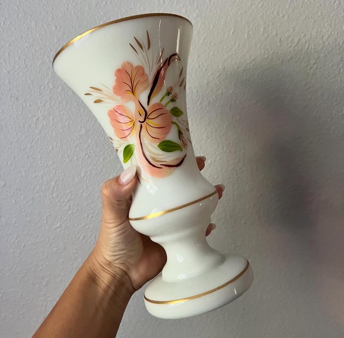 Hand Painted Opaline Vase, French Floral Decor